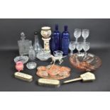 A Collection of Various Glassware to include Five Cut Glass Small Wines, Decanters, Blue Glass