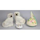 A Pair of Staffordshire Spaniels with Glass Eyes, an Aynsley Pembroke Pattern Lidded Pot and a