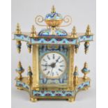 A Continental Brass and Enamel Mantel Clock of Ornate Form with Printed Portrait Panels Either Side,