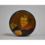 A Lacquered Circular Lidded Box decorated with Gent Beside two Bags of Coins, Inscribed 6000, 19th