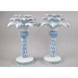 A Pair of Blue and White Palm Tree Candlesticks by The Vintage Garden Room, 36.5cms High