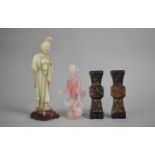 A Collection of Chinese Hardstone Items to Comprise Pink Quartz Carved Study of Guanyin, Soapstone