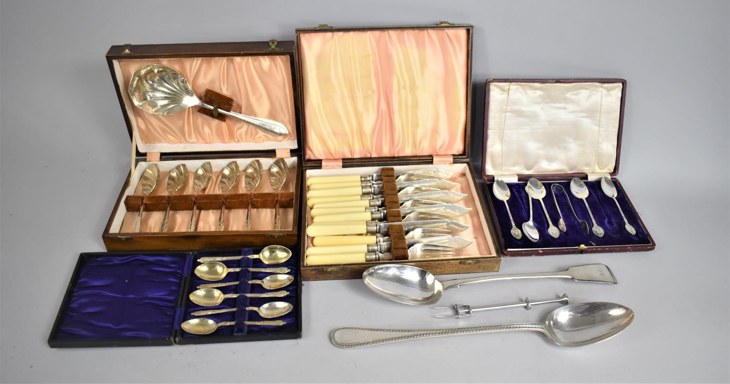 A Collection of Various Cased Silver Plated Cutlery, Silver Plated Ladles etc