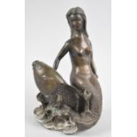 A Patinated Bronze Figure Group, Mermaid Sat on Carp with Pearl in Mouth, 20.5cms High