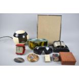 A Collection of Curios to Include Panasonic Globe Digital Clock Radio, Skiing Goggles, Sunglasses,