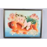 A Framed Modern Chinese Cloisonne Panel Depicting Baby Riding Carp, 25x19cms