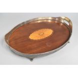 A 19th Century Inlaid Mahogany Oval Tray with Silver Plated Gallery, 55cms Wide, Four Scrolled Feet