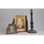 Two Art Deco Oak Photo Frames together with a Turned Wooden Table Lamp