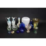 A Collection of Various Cut Glass to comprise Opaque Ewers, Bottle Vase, Iridescent Perfume