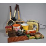 A Collection of Vintage and Later Items to Comprise Bins, Tennis Rackets, Tins, Vintage