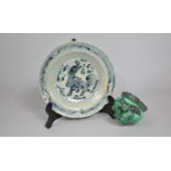 An Early Chinese Blue and White Dish Decorated with Qilin Together with a Green Glazed Pot Decorated