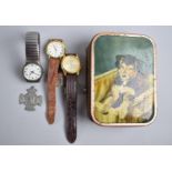 A Vintage Tin Containing Three Watches, Victorian Golden Jubilee Medallion Etc