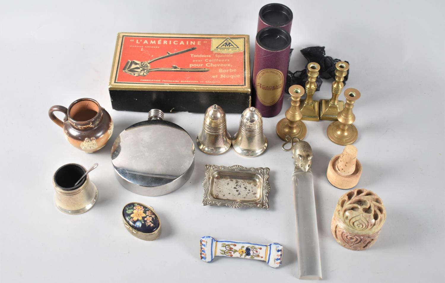 A Collection of Curios to include Nation Trust Hip Flask, Silver Plated Salt and Pepper, French Hair