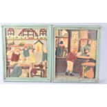 A Pair of Danish Carved Wooden Painted Panels Depicting Shop Scenes, Each 31cm x 25cm