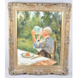 A Gilt Framed Italian Oil, Seated Gent Drinking From Vase, Details Verso, 39x48cms