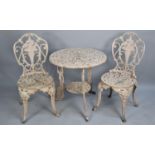 A Heavy Cast Metal Painted Patio Set to Comprise Circular Table and Two Chairs, all with Pierced and
