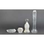 Four Pieces of Silver Mounted Glass Dressing Table Items, Vase, Perfume Bottle, Pot and Shell Shaped