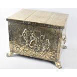 An Early/Mid 20th Century Pressed Brass Lift Top Coal Box, the Front Panel Decorated with Tavern