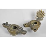 Two Vintage Bronze Two Division Indian Oil Lamps with Swan Decoration
