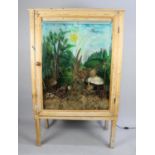 A Large Stripped Pine cabinet Containing Naturalistic Setting for Taxidermy, 97cm wide x 51cm Deep