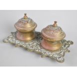 A Vintage French Brass Two Division Inkstand, One Pot Missing Glass Liner, 17.5cms Wide