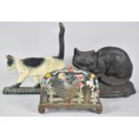 Two Modern Cast Iron Cold Painted Doorstops in the Form of Cats together with a Letter Rack in the