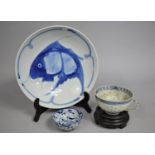 Three Pieces of Oriental Porcelain to Comprise Blue and White Fish Shallow Bowl, Tea Cup and a Tea