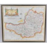 A Framed and Coloured 18th Century Map of Somersetshire by Robert Morden, 41x35cms