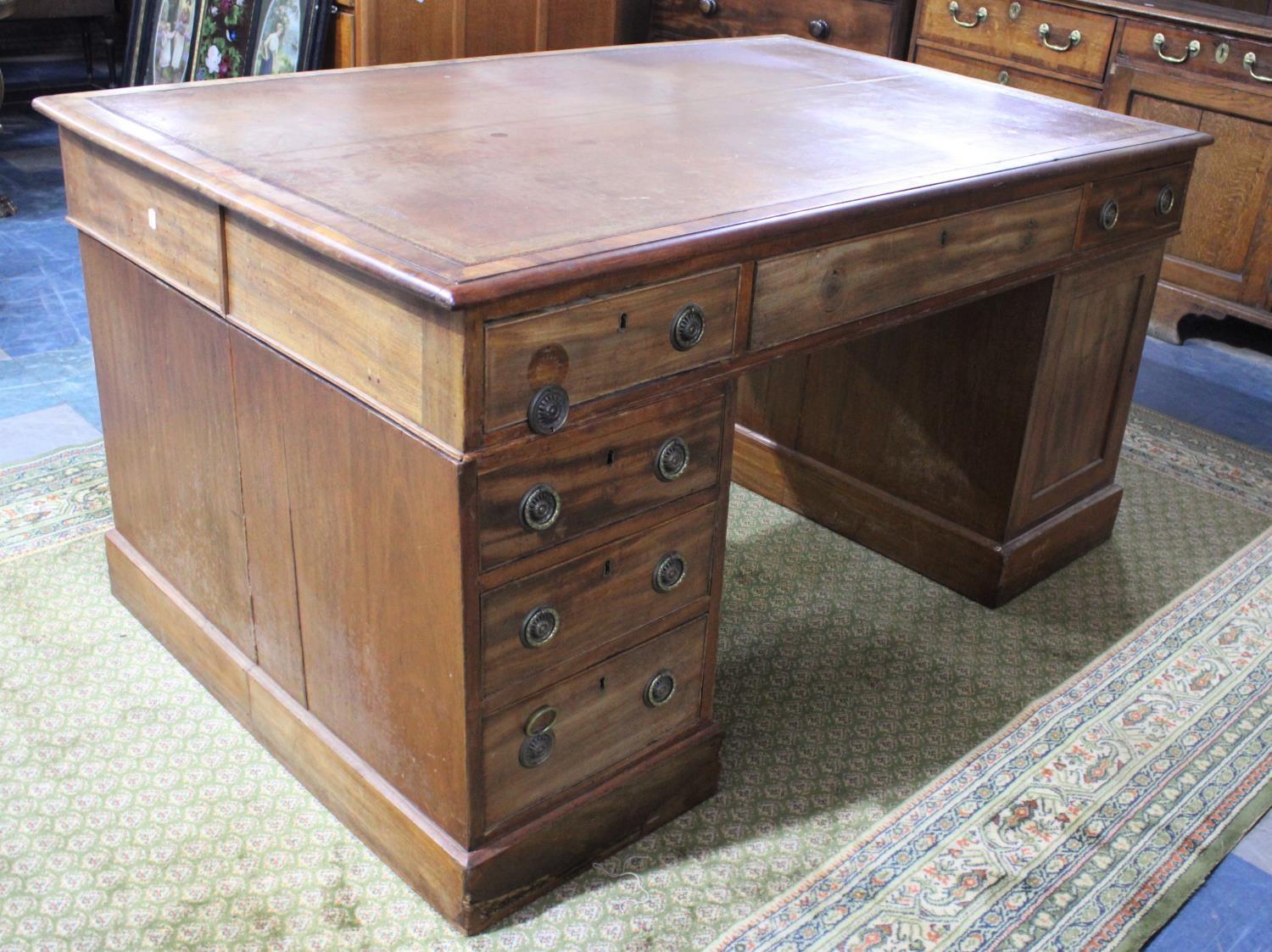 An Edwardian Partners Desk with Tooled Leather Top, Centre Long Drawer Flanked by Two Short - Image 3 of 3