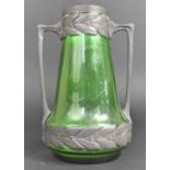 An Art Nouveau Green Glass and Pewter Two Handled Vase, Foliate Decoration, 22cms high