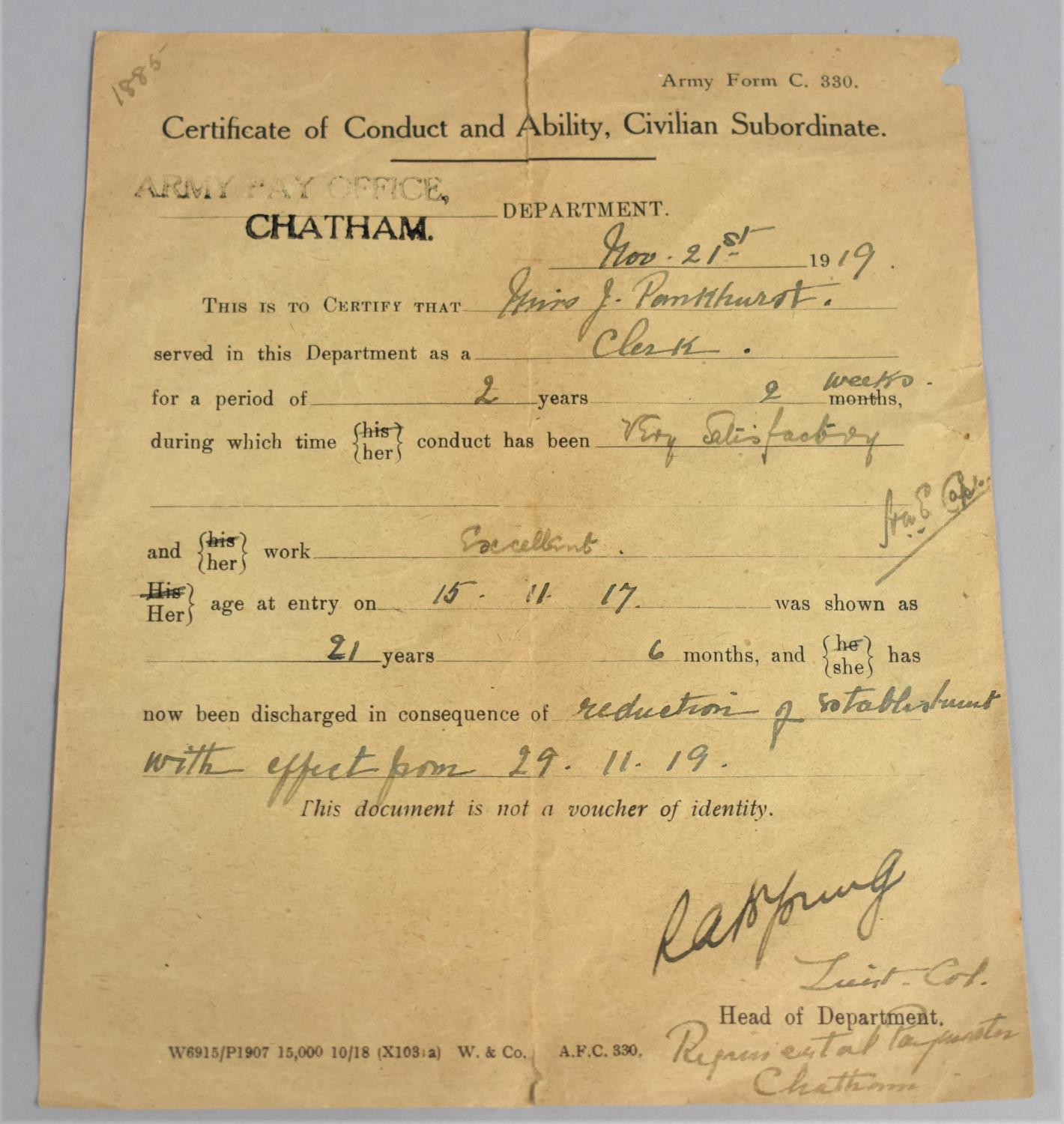 A 1919 Certificate of Conduct and Ability, Civilian Subordinate Issued by The Army Pay Office,