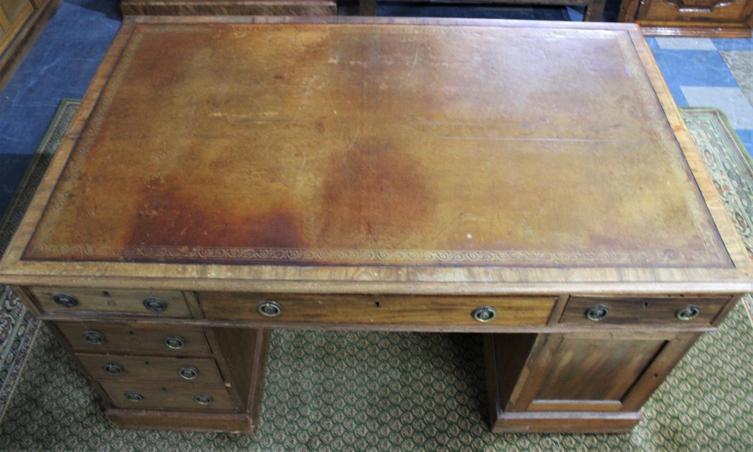 An Edwardian Partners Desk with Tooled Leather Top, Centre Long Drawer Flanked by Two Short - Image 2 of 3