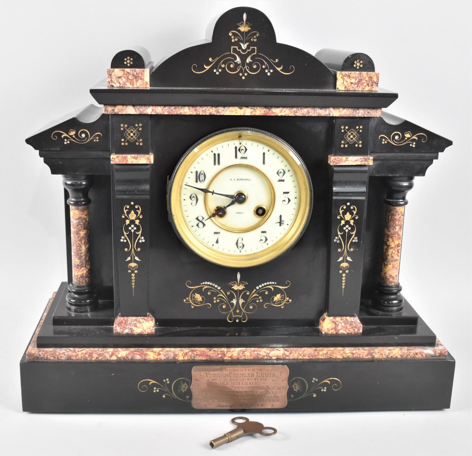 A Nice Quality French Slate and Marble Mantel Clock of Architectural Form, Late 19th/Early 20th