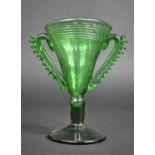 A Hand Blown Green Glass Two Handled Cup/Drinking Vessel, 12.5cms High