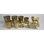 A Collection of Various Indian Brass Temple Figures, Together with Graduated Engraved Stacking Cups