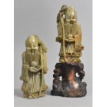 A Pair of Chinese Carved Soapstone Studies of Shou, One on Carved Naturalistic Stand, 12cm and 18.