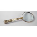 A Large Modern Brass and Mother of Pearl handled Desk Top Magnifying Glass, 25.5cms Long