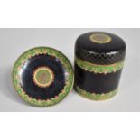 A Cylindrical Cloisonne Lidded Pot with Matching Saucer, 7.5cms Diameter and 8.35cms High