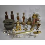 A Collection of Various Metalwares to include Brass Items, Silver Plated and Wooden Candlesticks,