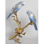 A Modern Porcelain and Brass Novelty Stand in the Form of two Budgerigars on Branch above nest,