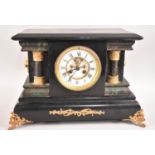 A Faux Slate Gilt Decorated Mantel Clock in the Architectural Style, Probably French and with