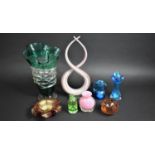 A Collection of Various Coloured Glass to include Studio Glass Twist Ornaments, Mdina Glass Vase,