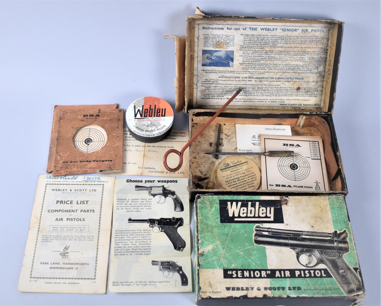 Two (Empty) Boxes for Webley "Senior" Air Pistol together with Pellets, Targets, Tools Etc