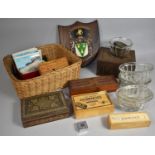 A Collection of Various Sundries to include Glass Jelly moulds, Shield Plaque, Toffee Tin Etc