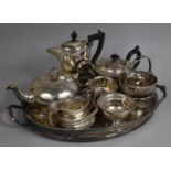 A Collection of Various Silver Plated Items to include Oval Galleried Tray, Milk Jugs, Teapots Etc