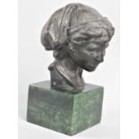 A Reproduction Grand Tour Souvenir Bronze Study, Bust of Young Man Wearing Cap, Green Marble Base,
