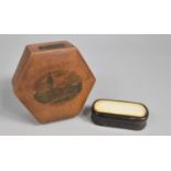 A Mauchline Ware Hexagonal Box together with a Snuff Box (AF), Hinged Lid Decorated for the New