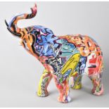 A Modern Decorated Study of Elephant with Trunk in Salute, One Tusk Chipped, 30cms Long