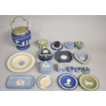 A Collection of Various Wedgwood Jasperware to Comprise Biscuit Barrel, Dishes, Lidded Boxes etc