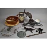 A Collection of Various Sundries to include Wrought Metal Studies or Beetle, Bird, Glass Pedestal